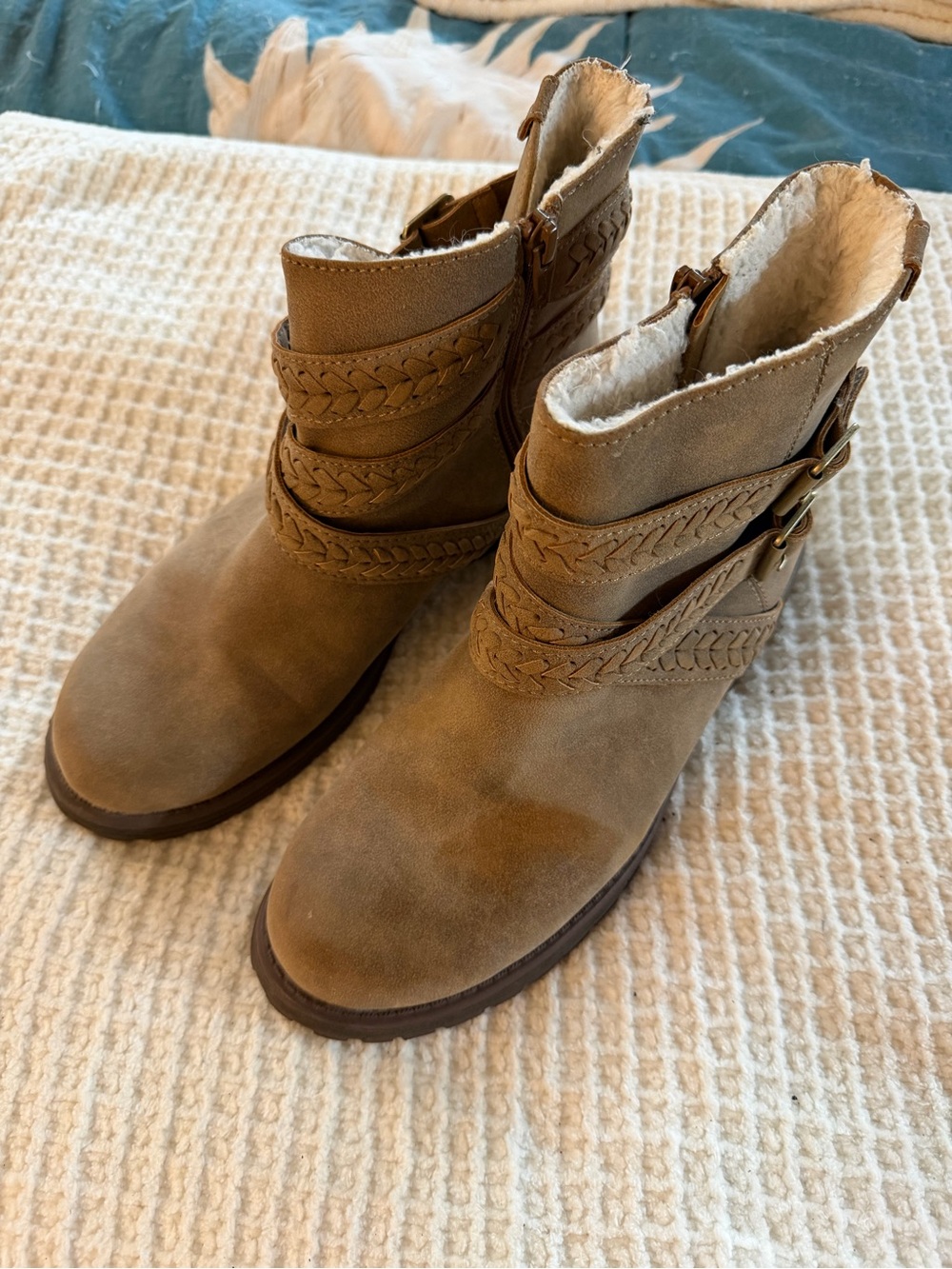 Roxy Tan Faux-Suede Winter Ankle Boots with Braided Straps